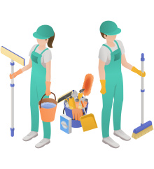 Professional cleaning service isometric concept two women with a mop and dusting brush ready to go vector illustration